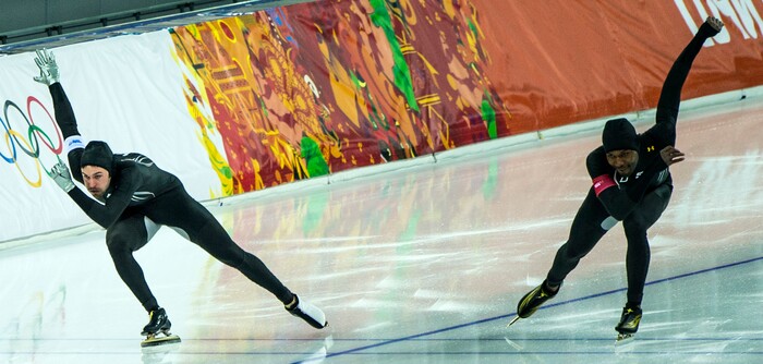 SOCHI, RUSSIA  - JANUARY 10:
Shani Davis, of Chicago, Ill., and Mitch Whitmore, of Waukesha, Wis., compete in the long track men's 500m race at the Adler Arena Skating Center during the 2014 Sochi Olympic Games Monday February 10, 2014. Davis placed 24th with a time of 70.98. Whitmore placed 27th with a time of 71.06. (Photo by Chris Detrick/The Salt Lake Tribune)