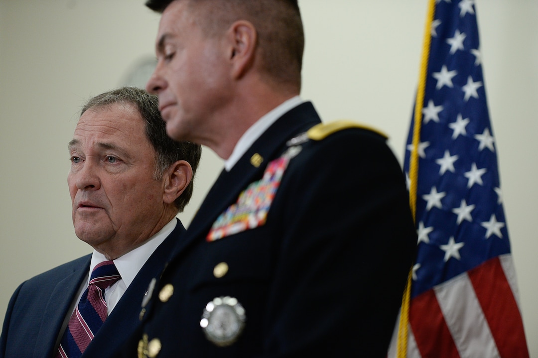 (Francisco Kjolseth  |  The Salt Lake Tribune)  Gov. Gary R. Herbert and Maj. Gen. Jefferson S. Burton address the media on Sunday, Nov. 4, 2018, in Draper, UT, regarding the recent death of North Ogden Mayor Brent Taylor a major in the Utah National Guard, killed in Afghanistan in an apparent insider attack.