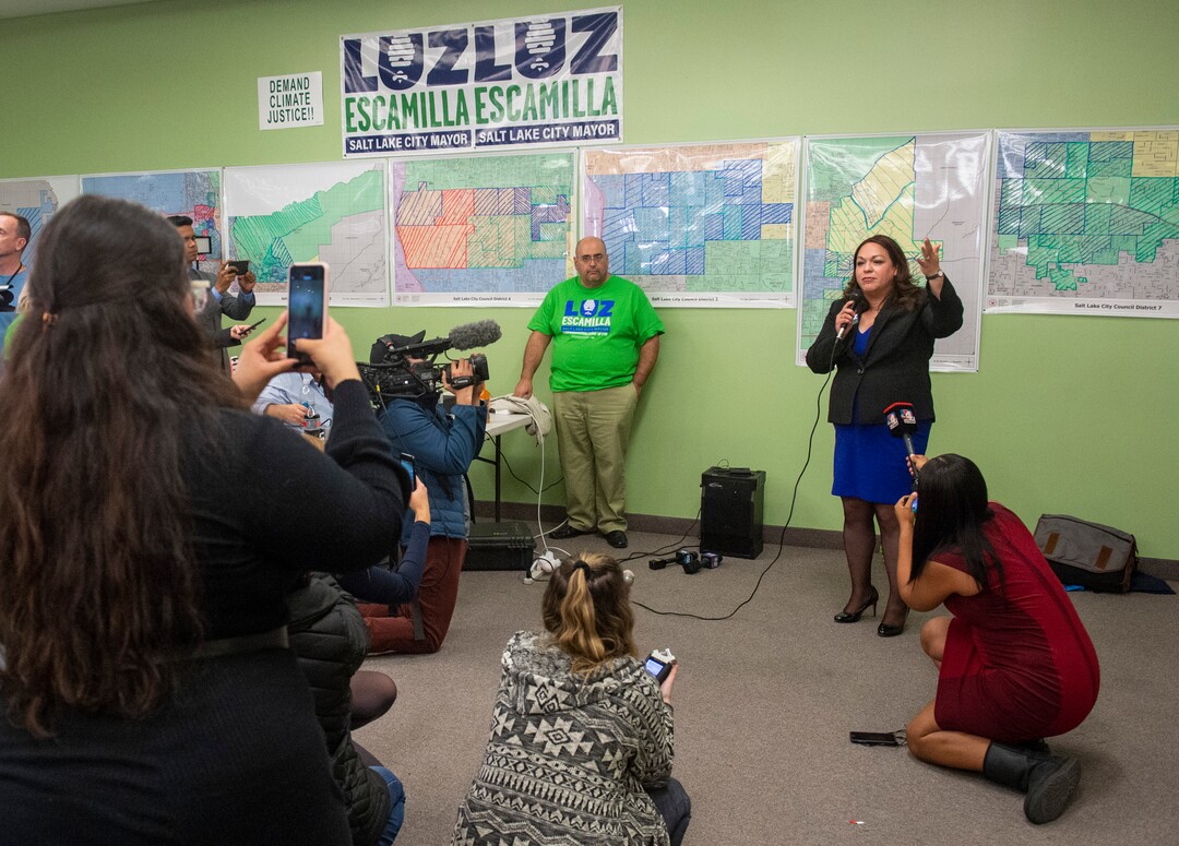 (Rick Egan  |  The Salt Lake Tribune)  Salt Lake City mayoral candidate Luz Escamilla thanks friends and supporters as she awaits the ballot results in the Salt Lake City Mayor's race, at her campaign headquarters, Tuesday, Nov. 5, 2019.
