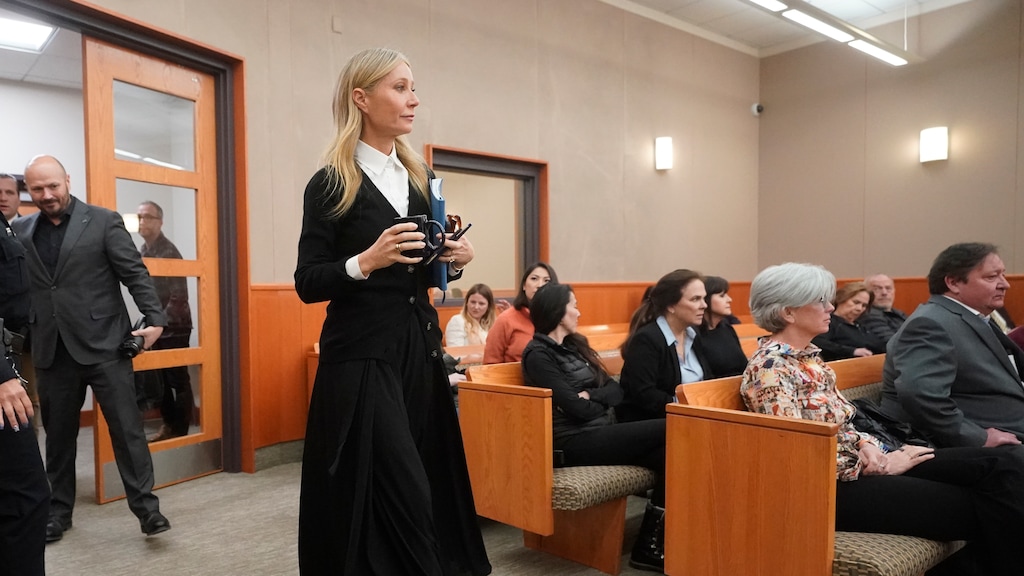 (Rick Bowmer | AP, Pool) Gwyneth Paltrow enters the courtroom for her trial, Monday, March 27, 2023, in Park City. The man suing Gwyneth Paltrow over a 2016 skiing collision at one of the most upscale resorts in North America took the stand Monday, saying he was rammed into from behind and sent “absolutely flying.”