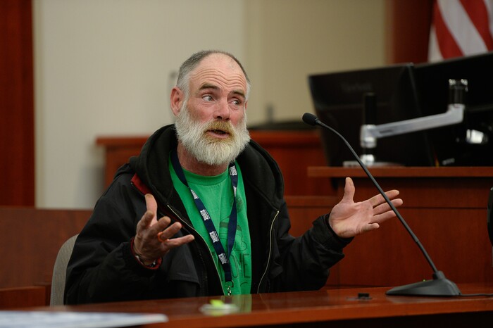 (Francisco Kjolseth  |  The Salt Lake Tribune)  Witness for the prosecution, Lee McCashland, testifies in court on July 4, 2017, about being struck by a vehicle that had driven onto the sidewalk. A preliminary hearing was held on Monday, Jan. 8, 2018, for Shutney Kyzer, who allegedly drove the car, killing one homeless person, 27-year-old Kendra Griffis and injuring five others including McCashland.