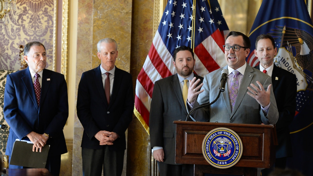 (Francisco Kjolseth  |  The Salt Lake Tribune)  House speaker Greg Hughes addresses the crowd gathered in the Gold Room of the Utah Capitol on Tuesday, March 27, 2018, prior to the signing by Gov. Gary Herbert of H.B. 472 - Medicaid Expansion Revisions, which would expand Medicaid healthcare coverage to cover an additional 60,000 Utahns below the poverty line — pending approval from the federal government.