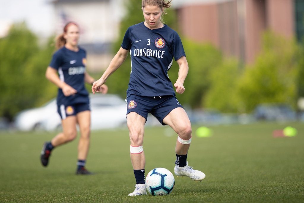 (Photo courtesy of Utah Royals FC) Veteran defender Rebecca Moros trains at American First Field on May 13 in Sandy, Utah. Moros started her first game of the season last week after rehabbing a knee injury.