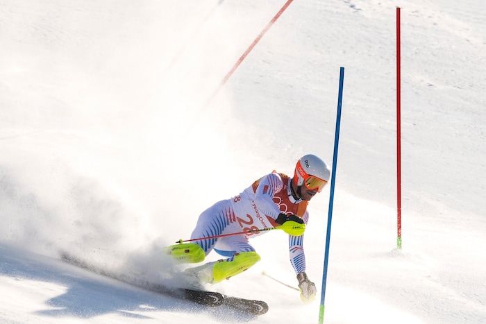 (Chris Detrick  |  The Salt Lake Tribune)  USA's Jared Goldberg competes in the Men's Alpine Combined at Jeongseon Alpine Centre during the Pyeongchang 2018 Winter Olympics Tuesday, February 13, 2018.  Goldberg finished in 36th place with a time of 2:22.88.