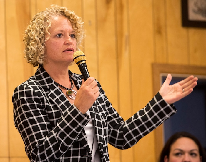 (Rick Egan  |  The Salt Lake Tribune)  Salt Lake City Mayor Jackie Biskupski talks about the homeless problem with westside residents who say that the crackdown on crime in the Rio Grande area has pushed homeless people and drug activity toward their neighborhoods, at the Poplar Grove Community Alliance Meeting at the St. Patrick Parish Social Hall, Friday, August 25, 2017.



