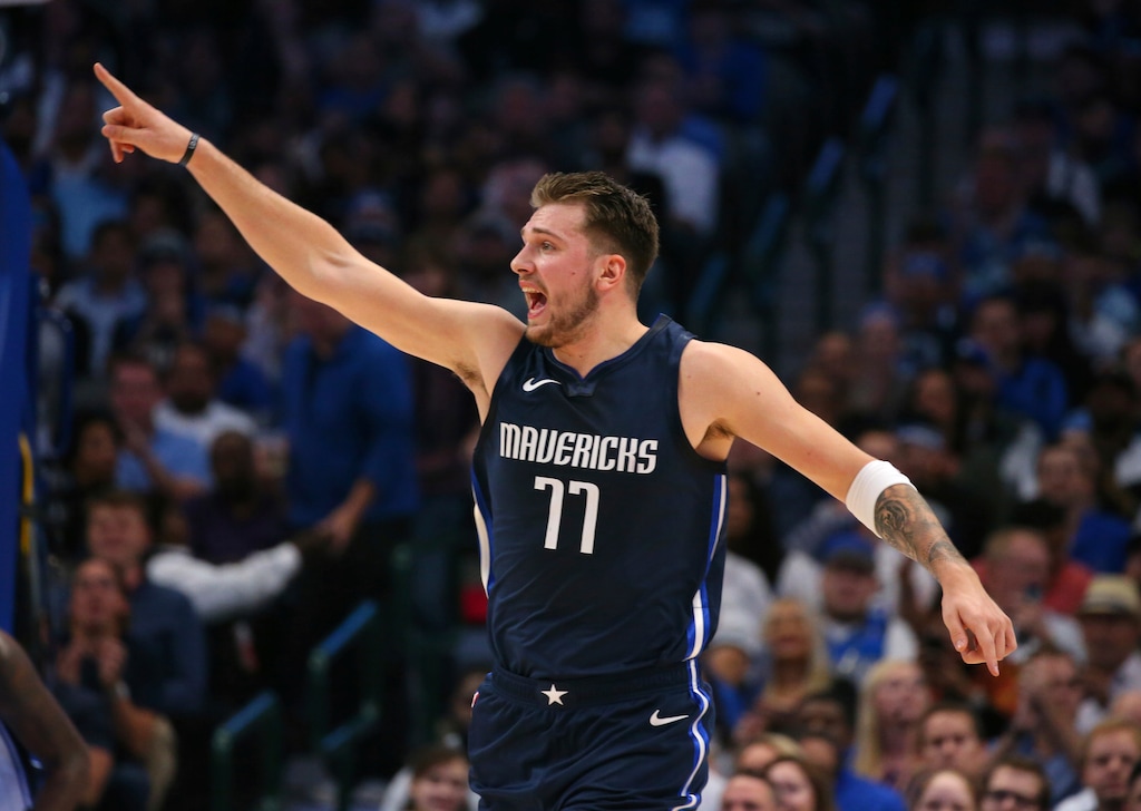 Dallas Mavericks guard Luka Doncic gestures after sinking a basket during the first half against the Orlando Magic in an NBA basketball game Wednesday, Nov. 6, 2019, in Dallas. (AP Photo/Richard W. Rodriguez)