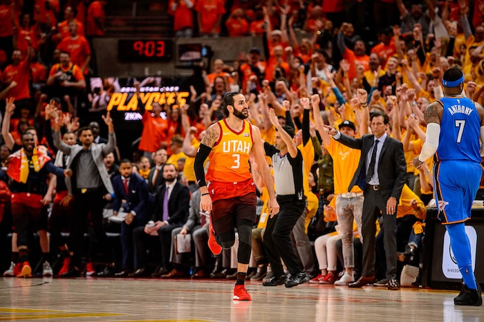 (Trent Nelson | The Salt Lake Tribune)  
Utah Jazz host the Oklahoma City Thunder, Game 3, NBA playoff basketball in Salt Lake City, Saturday April 21, 2018. Utah Jazz guard Ricky Rubio (3) hits a three-pointer in the second quarter giving the Jazz a one point lead.