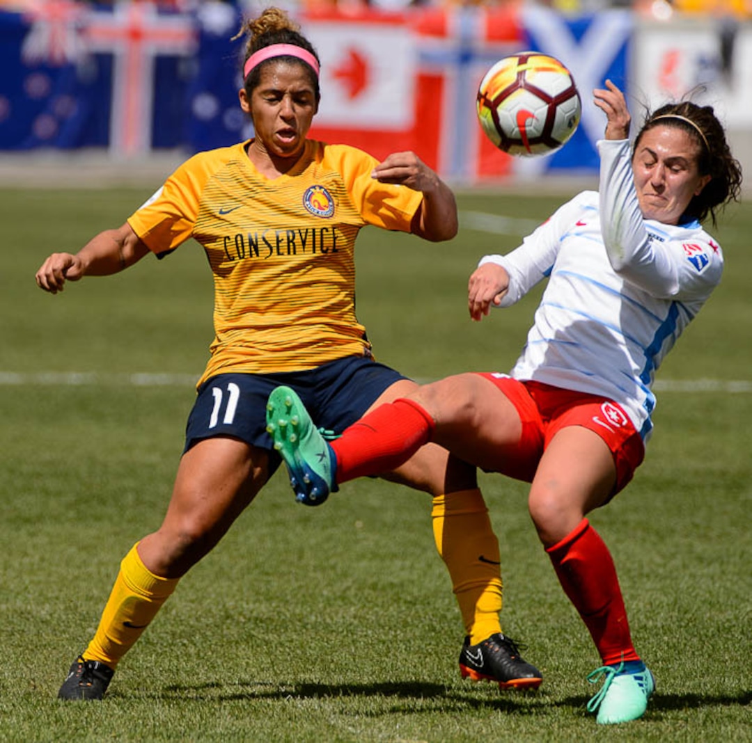 (Trent Nelson | The Salt Lake Tribune)  Utah Royals FC hosts the Chicago Red Stars, at Rio Tinto Stadium in Sandy, Saturday April 14, 2018. Utah Royals FC midfielder Desiree Scott (11) and Chicago Red Stars midfielder Danielle Colaprico (24).