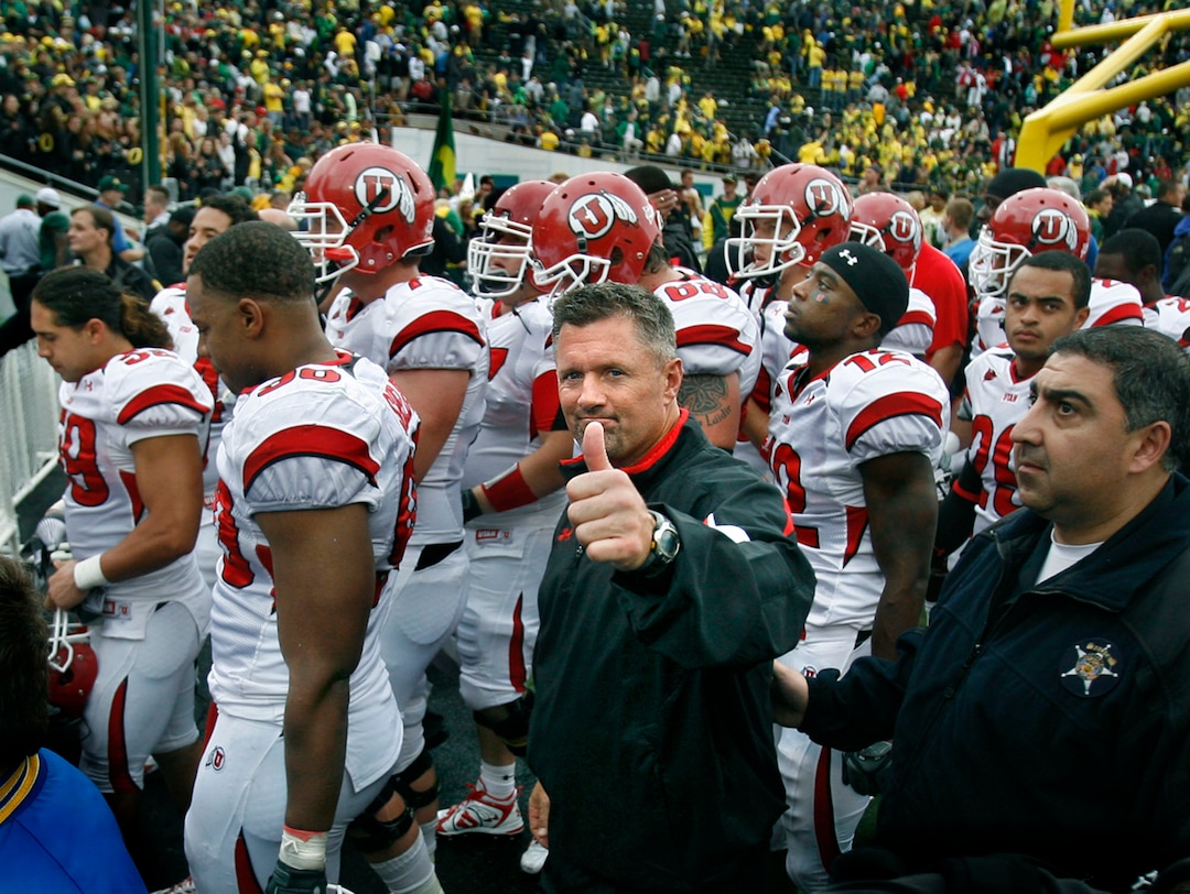Scott Sommerdorf  |  Salt Lake TribuneUTAH at OREGONEven after a tough loss to Oregon, Utah Head Coach Kyle Whittingham was able to give an optimistic thumbs-up to the Utah student section that had come to Eugene to cheer for the Utes. Utah lost to Oregon 31-24, Saturday 9/19/09