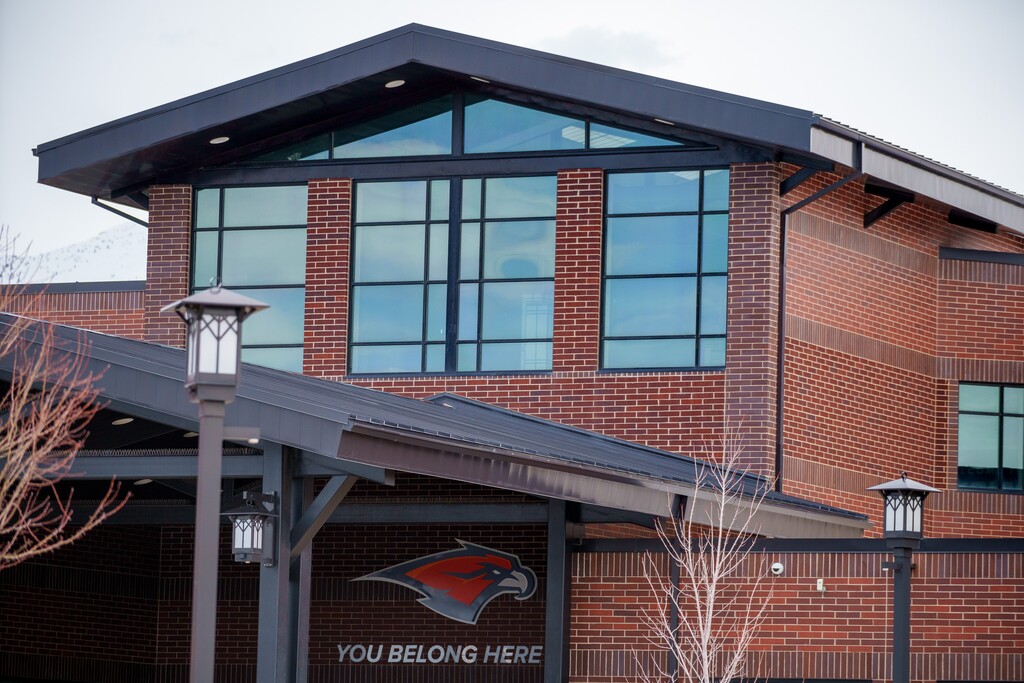 (Trent Nelson  |  The Salt Lake Tribune) Skyridge High School in Lehi on Saturday, April 1, 2023. Parents of a student have sued the school district, arguing that lax supervision led to their son having sex in the high school's parking lot.