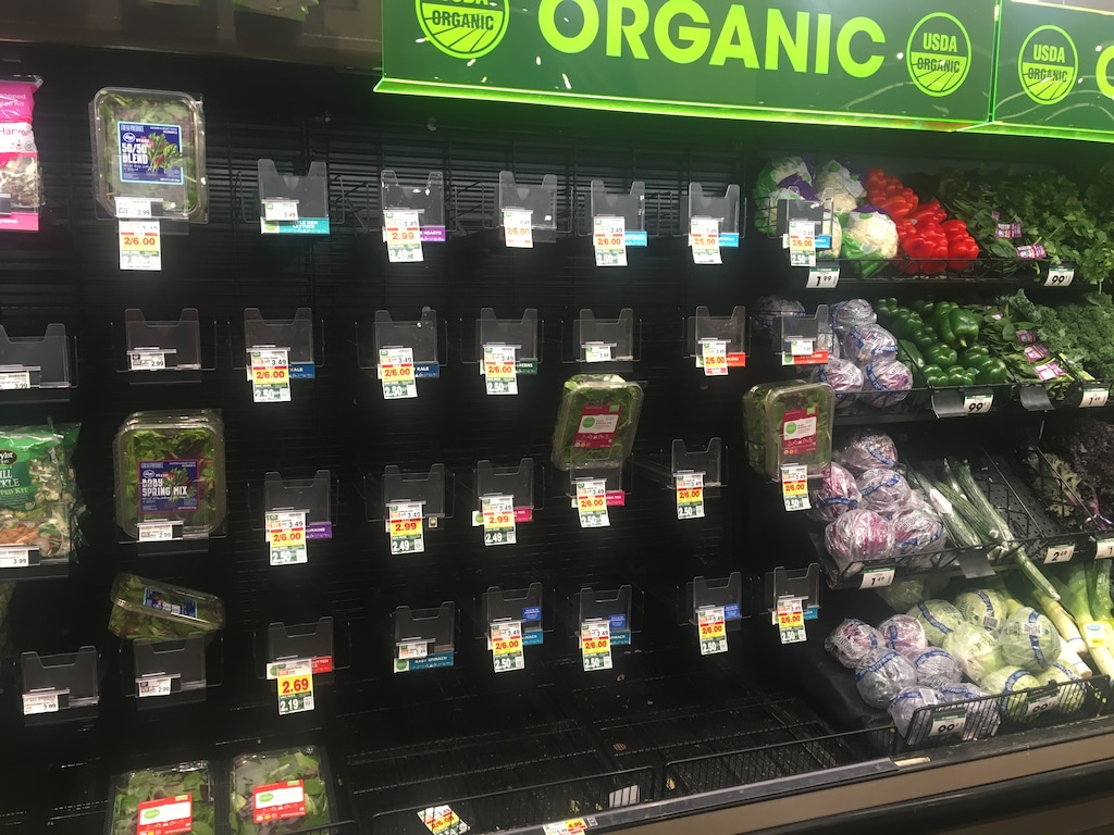 (Sean P. Means  |  The Salt Lake Tribune) Empty shelves that would usually hold packaged organic lettuce sit in the produce section of the Smith's Marketplace at 455 S. 500 East in Salt Lake City on Friday, Jan. 7, 2022. Utahns report similar shortages of several grocery items, blamed on supply-chain issues tied to the COVID-19 pandemic.