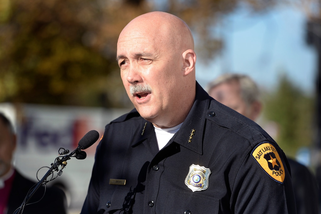 Scott Sommerdorf | The Salt Lake Tribune
Salt Lake City Police Chief Mike Brown speaks before the annual daffodil planting ceremony outside the Salt Lake City Public Safety Building in support of YWCA's Week Without Violence, Thursday, Oct. 22, 2015.