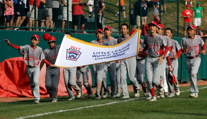 Japan celebrates after winning the Little League World Series Championship baseball game against Lufkin, Texas, Sunday, Aug. 27, 2017, in South Williamsport, Pa. (AP Photo/Matt Slocum)