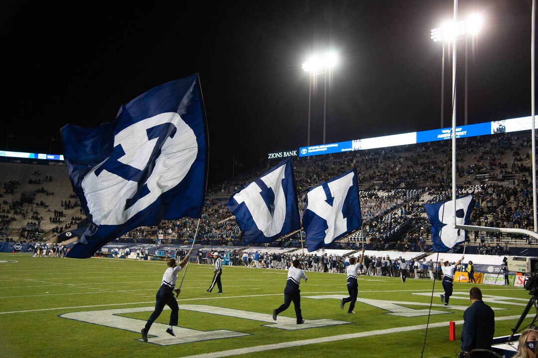 (Francisco Kjolseth  |  The Salt Lake Tribune) The BYU cheer team takes celebrates a touchdown against Texas State during an NCAA college football game at LavVell Edwards Stadium, Saturday, oct. 24, 2020, in Provo, Utah.