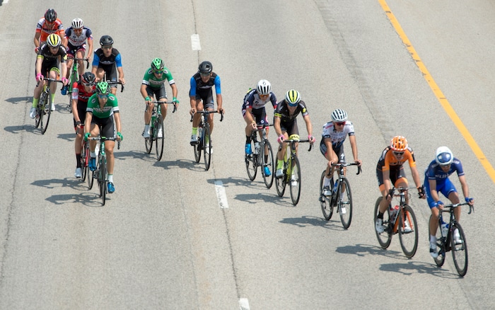 (Rick Egan  |  The Salt Lake Tribune)  THe leaders make their way up Highway 89 in Layton, in the Tour of Utah stage 5, Friday, August 4, 2017.



