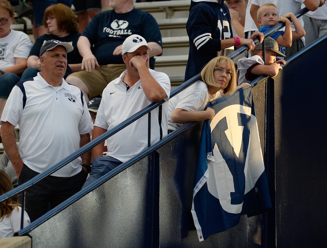 (Francisco Kjolseth  |  The Salt Lake Tribune)  BYU fans wait for the start of the game against the California Golden Bears for their NCAA college football game, Saturday, Sept. 8, 2018, at LaVell Edwards stadium in Provo, Utah.