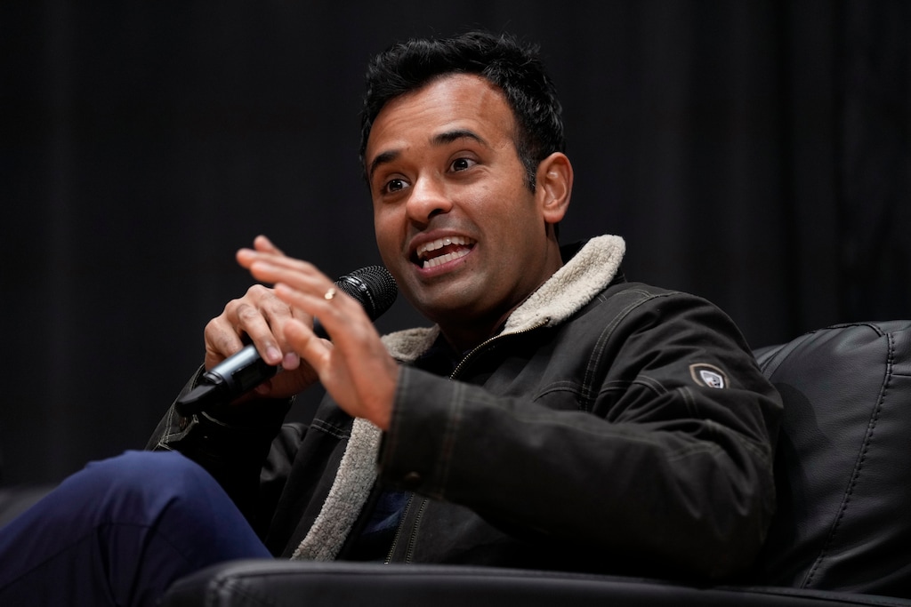(Charlie Neibergall | AP) Vivek Ramaswamy speaks during U.S. Rep. Randy Feenstra's, R-Iowa, Faith and Family with the Feenstras event, Saturday, Dec. 9, 2023, in Sioux Center, Iowa.