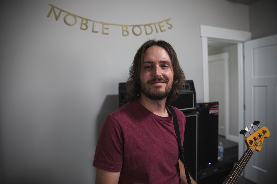 (Clark Clifford  |  For The Salt Lake Tribune) Chris Bennett of Noble Bodies during a practice for an upcoming show in the band's rehearsal space in Orem on Saturday, Aug. 3, 2019.