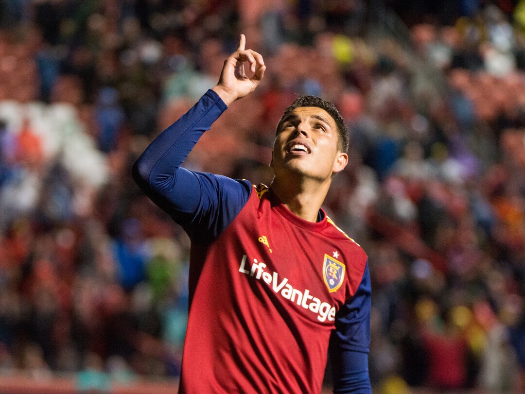 (Rick Egan  |  The Salt Lake Tribune)      Real Salt Lake midfielder Luis Silva (20) reacts after scoring a goal in the first period, in MLS action between Real Salt Lake and Vancouver Whitecaps, at Rio Tinto Stadium beSaturday, April 7, 2018.