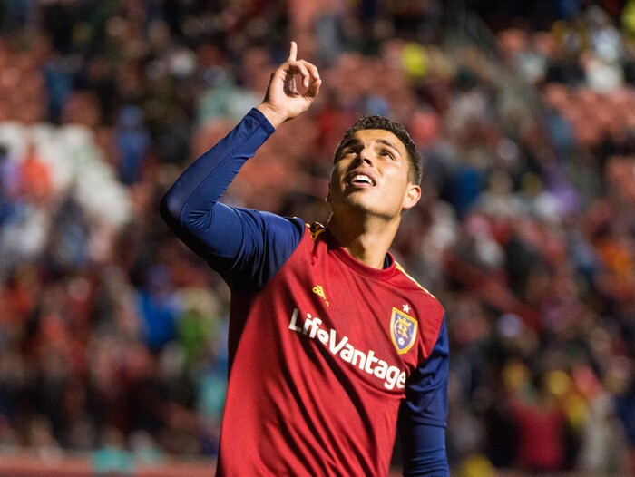 (Rick Egan  |  The Salt Lake Tribune)      Real Salt Lake midfielder Luis Silva (20) reacts after scoring a goal in the first period, in MLS action between Real Salt Lake and Vancouver Whitecaps, at Rio Tinto Stadium beSaturday, April 7, 2018.


