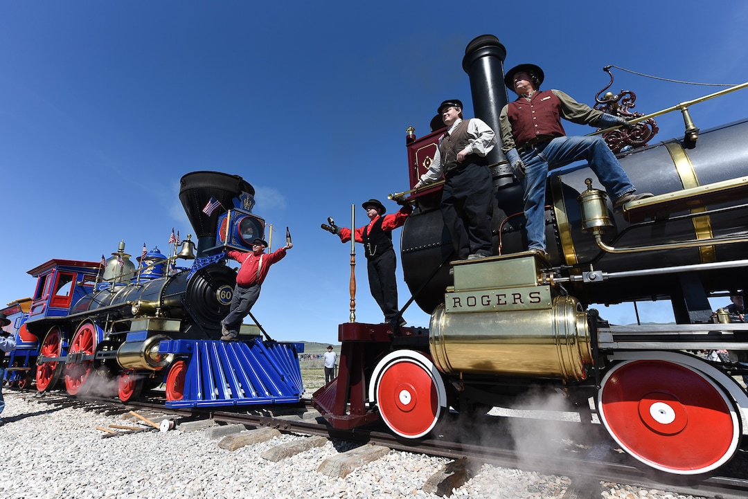 (Francisco Kjolseth  |  The Salt Lake Tribune)  Volunteers who work on the historic trains Jupiter and No. 119 re-create a historic on Friday May 10, 2019, in celebration of the 150th anniversary of the completion of the transcontinental railroad at Promontory Summit where the two rails met back on May 10, 1869.