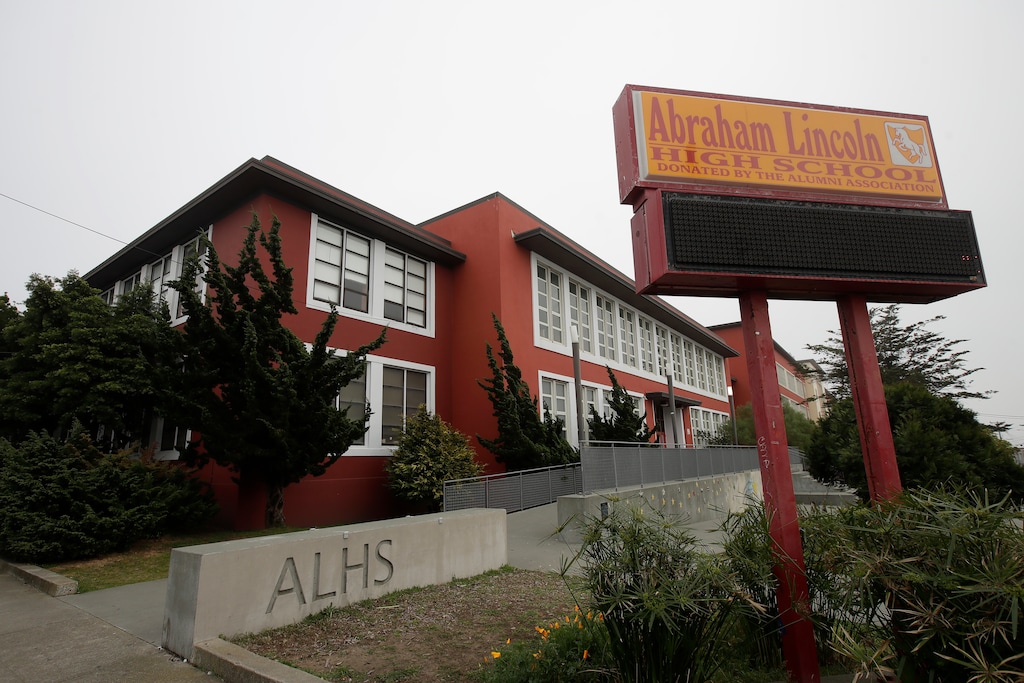 (Jeff Chiu | AP photo)
In this March 12 photo, Abraham Lincoln High School stands in San Francisco. The San Francisco school board has voted to remove the names of George Washington and Abraham Lincoln from public schools after officials deemed them and other prominent figures, including Sen. Dianne Feinstein unworthy of the honor. After months of controversy, the board voted 6-1 Tuesday, Jan. 26, 2021, in favor of renaming 44 San Francisco school sites with new names with no connection to slavery, oppression, racism or similar criteria, the San Francisco Chronicle reported.