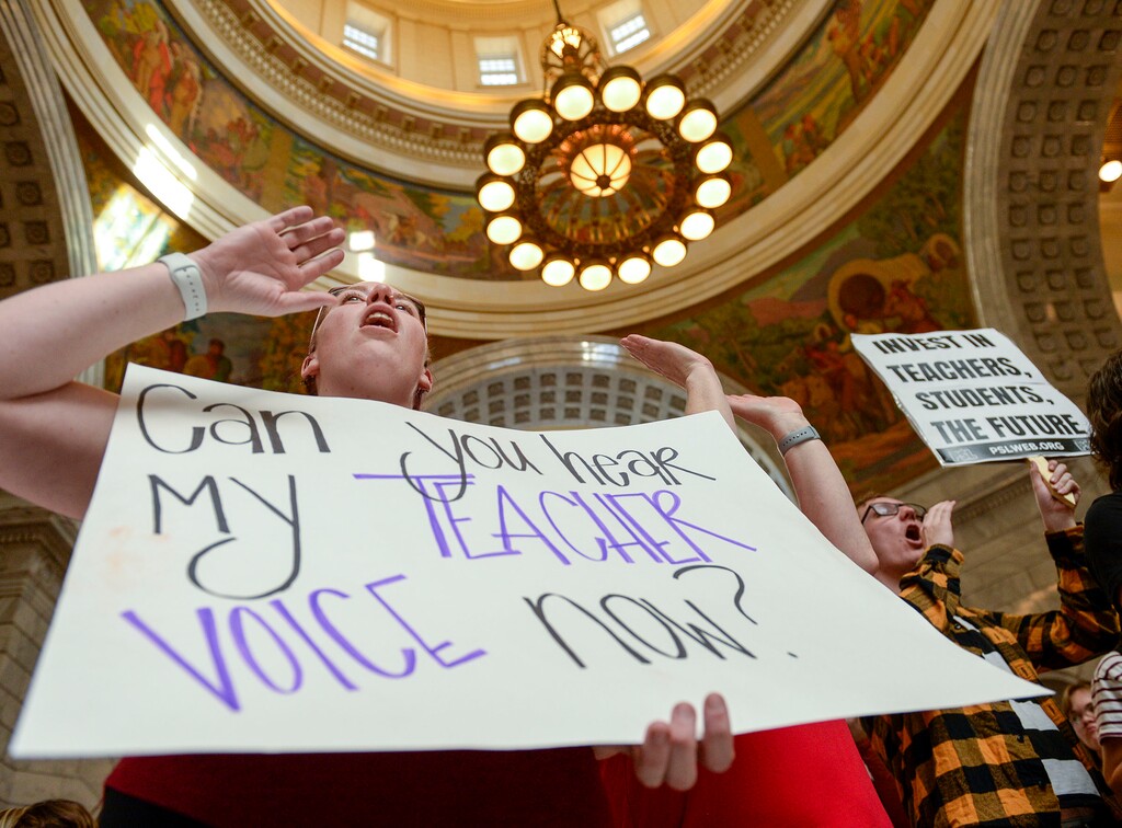 (Leah Hogsten  |  The Salt Lake Tribune) Heather Blakley, a Rose Park Elementary sixth grade teacher, raises her voice in a group cheer at the Utah Capitol, Feb. 28, 2020.