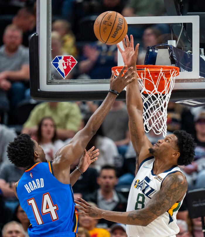 (Rick Egan | The Salt Lake Tribune) Utah Jazz forward Rudy Gay (8) blocks a shot by Oklahoma City Thunder forward, Jaylen Hoard (14),  in NBA action between the Utah Jazz and the Oklahoma City Thunder at Vivint Arena, on Wednesday, April 6, 2022.
