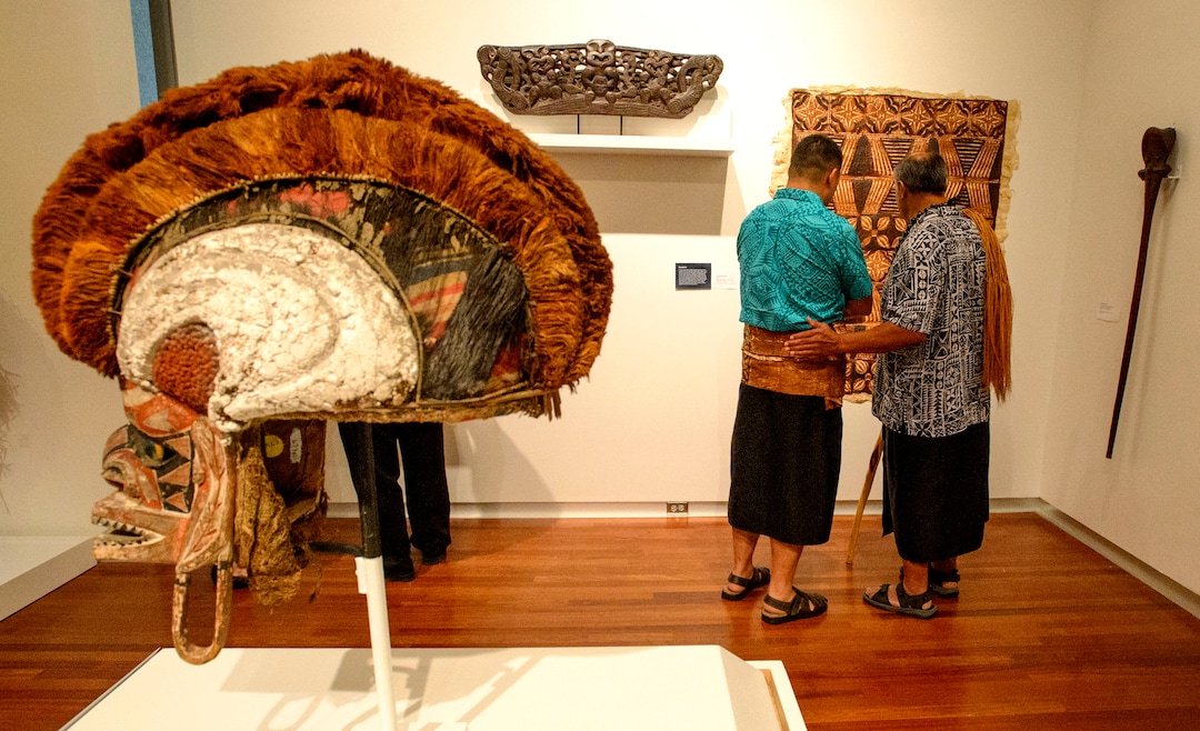 (Steve Griffin  |  The Salt Lake Tribune)  Members of Salt Lake City's Pacific Islander community enjoy the Arts of the Pacific gallery in the newly renovated Utah Museum of Fine Arts  prior to blessing the collection  in Salt Lake City Tuesday August 8, 2017.  Elders from the local Maori and Samoan communities performed ceremonial dances, chants and oration to welcome the objects back on view and to thank Museum staff for continued care of their cultural objects.