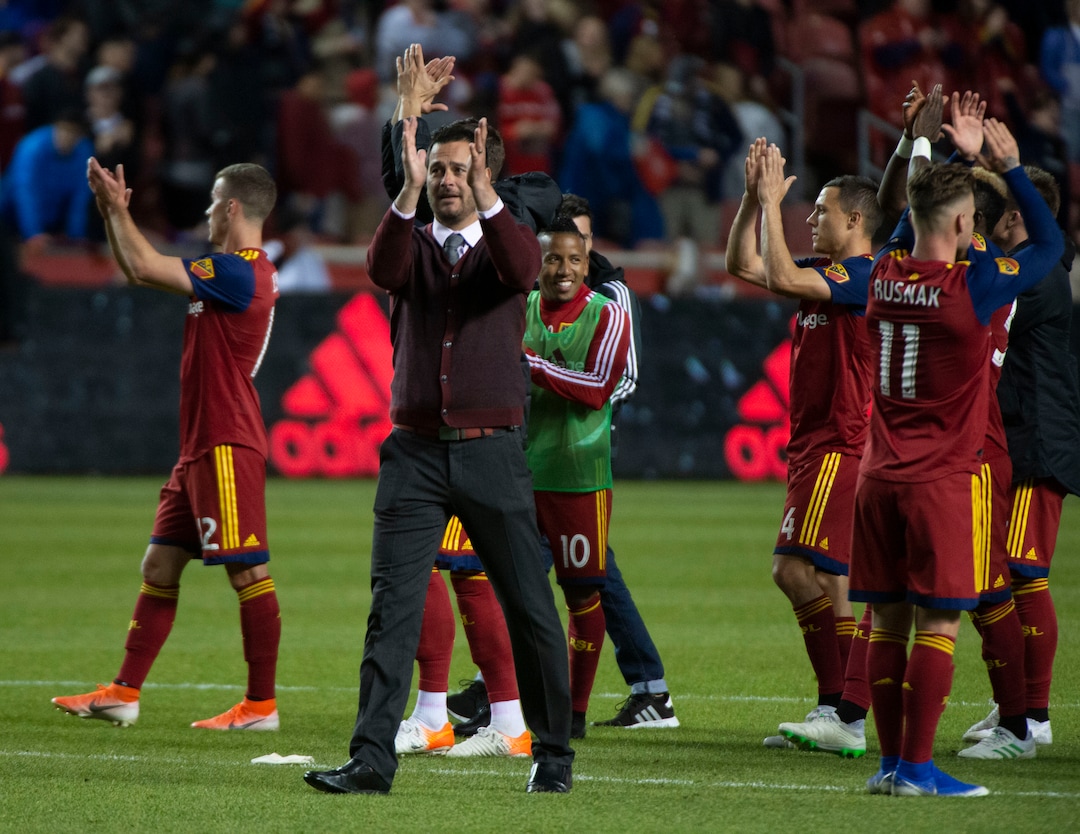(Rick Egan  |  The Salt Lake Tribune) Real Salt Lake head coach Mike Petke celebrates with his team after Real Salt Lake beat Atlanta United 2-1in MLS soccer action between Real Salt Lake and Atlanta United at Rio Tinto Stadium in Sandy, Friday, May 24, 2019.