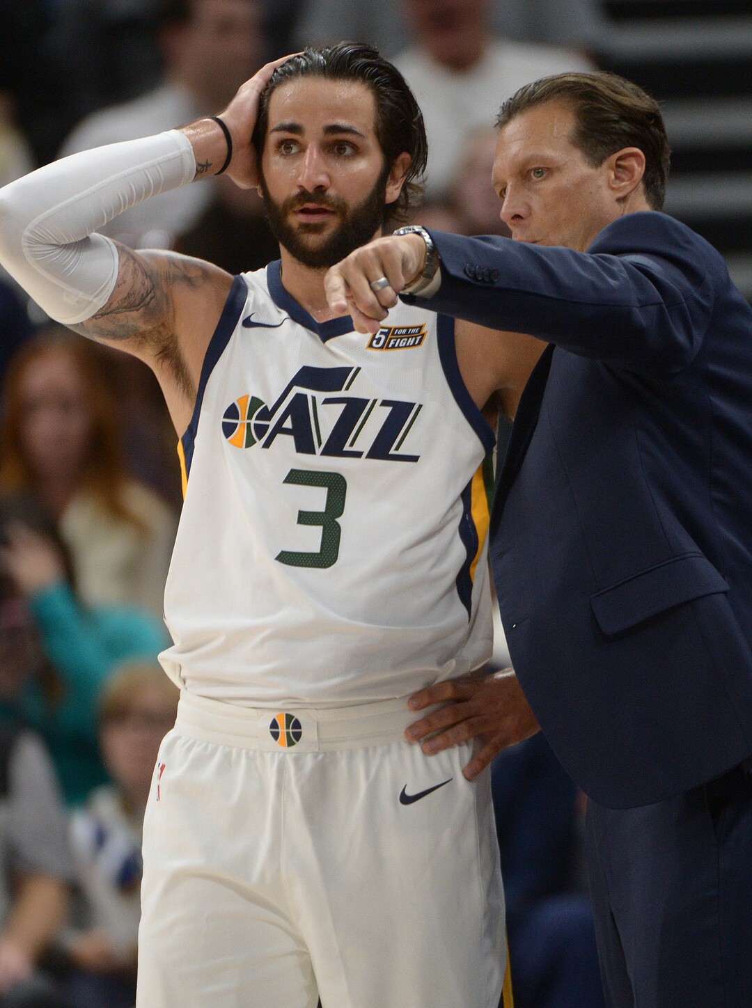 (Leah Hogsten  |  The Salt Lake Tribune)  Utah Jazz guard Ricky Rubio (3) takes direction from Utah Jazz head coach Quin Snyder. The Utah Jazz defeated the Phoenix Suns 112-101 during preseason NBA basketball at Vivint Smart Home Arena in Salt Lake City, October 6, 2017.