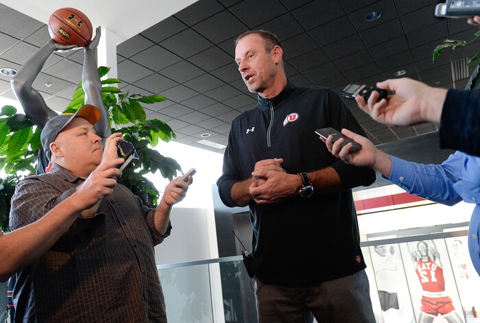 (Francisco Kjolseth  |  The Salt Lake Tribune)  Utah basketball coach Larry Krystkowiak speaks with the press during media day at the Ute basketball practice facility on Wed. Sept. 26, 2018.