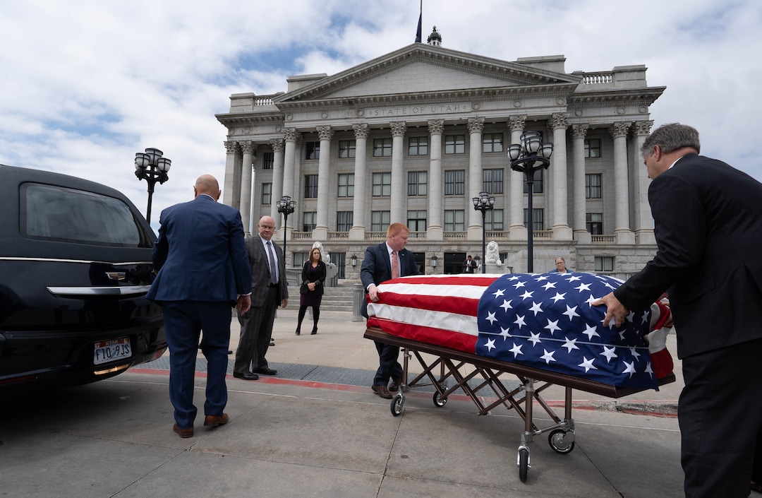 (Francisco Kjolseth | The Salt Lake Tribune) The casket carrying former U.S. Sen. Orrin Hatch is brought to the Utah Capitol on Wednesday, May 4, 2022.