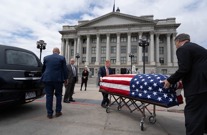 (Francisco Kjolseth | The Salt Lake Tribune) The casket carrying former U.S. Sen. Orrin Hatch is brought to the Utah Capitol on Wednesday, May 4, 2022.