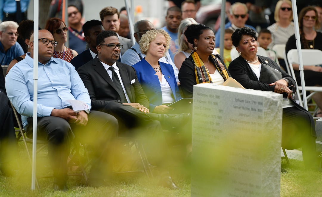(Francisco Kjolseth  |  The Salt Lake Tribune)  Pastors Marlin Lynch III, Corey Corey Hodges, Mayor Jackie Biskupski, Rep. Sandra Hollins, D-Salt Lake, and NAACP President Jeanetta Williams, from left, attend the dedication of the first grave marker for Tom, an enslaved Black pioneer who was buried in the Salt Lake City Cemetery in 1862, during a ceremony on Thursday, Aug. 22, 2019.