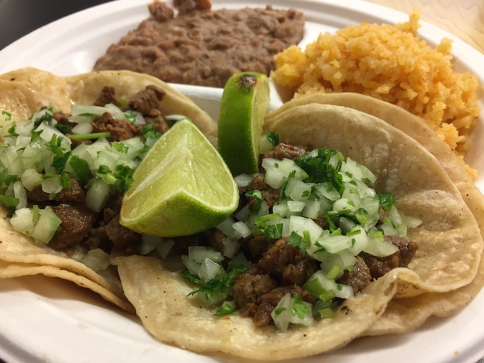 (Kathy Stephenson | The Salt Lake Tribune) The cafe inside Logan's Aggie Station sells Mexican specialties, including these carne asada tacos with rice and beans.
