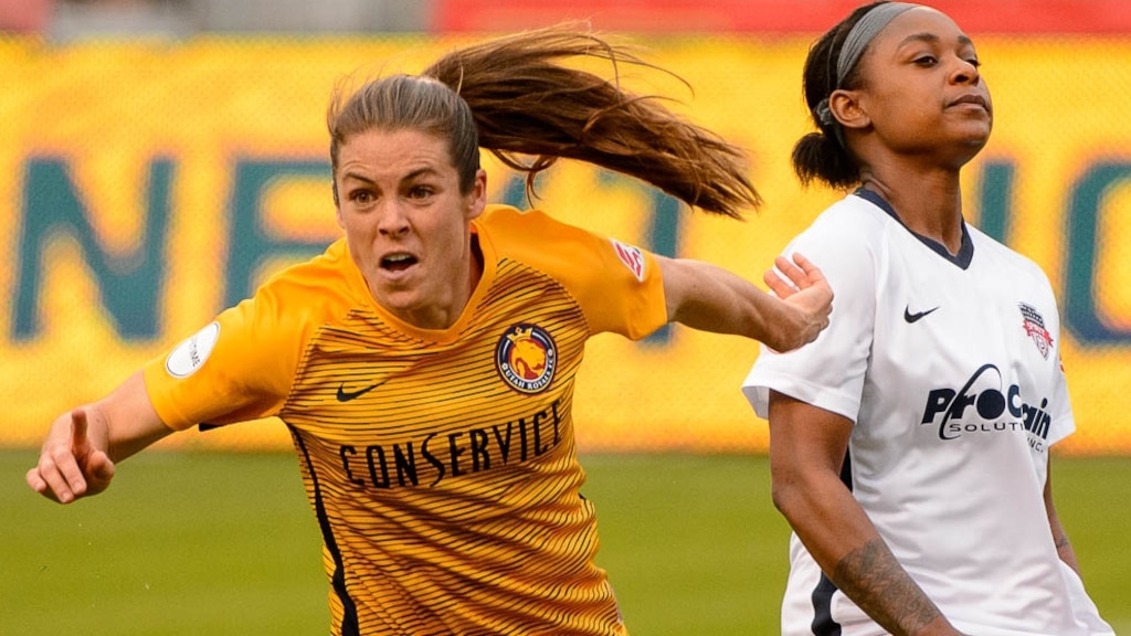(Trent Nelson | The Salt Lake Tribune)  Utah Royals vs. Washington Spirit, soccer at Rio Tinto Stadium in Sandy, Saturday May 5, 2018. Utah Royals FC defender Kelley O'Hara (5) scores a goal. Defending is Washington Spirit midfielder Taylor Smith (7).