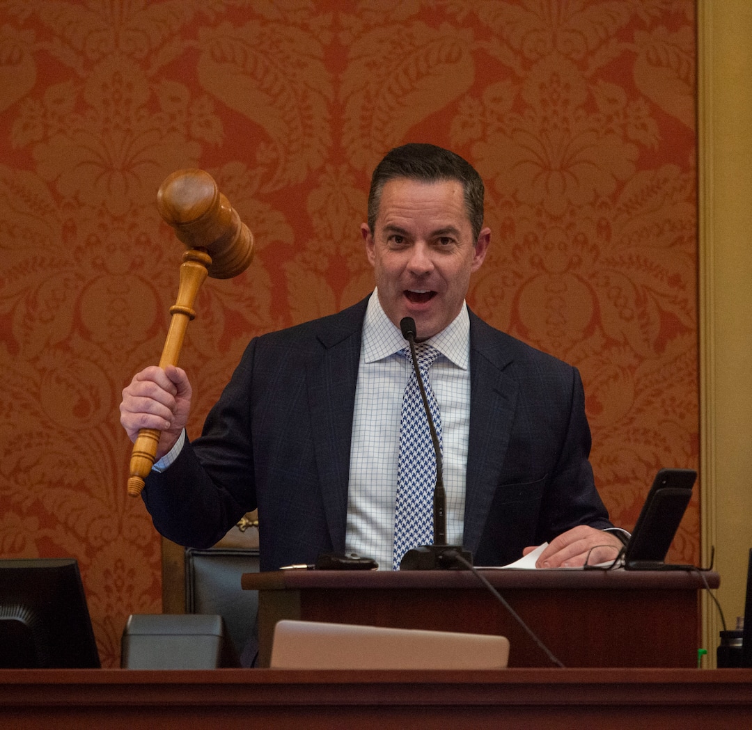 (Rick Egan  |  The Salt Lake Tribune)  Speaker of the House Brad Wilson bangs the gavel at the end of the 2019 legislature, Thursday, March 14, 2019. 
