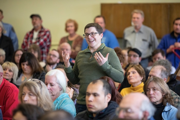 (Keith Johnson  |  for The Salt Lake Tribune) Brian Fabbi asks newly elected Utah Congressman Ben McAdams, representing Utah's 4th District, a question during a town hall meeting at the Redwood Recreational Center in West Valley City, Utah on Jan. 19, 2019. McAdams held the town hall meeting to make good on a promise to be more accessible to constituents, a criticism he leveled against former congresswoman Mia Love during McAdam's campaign. 