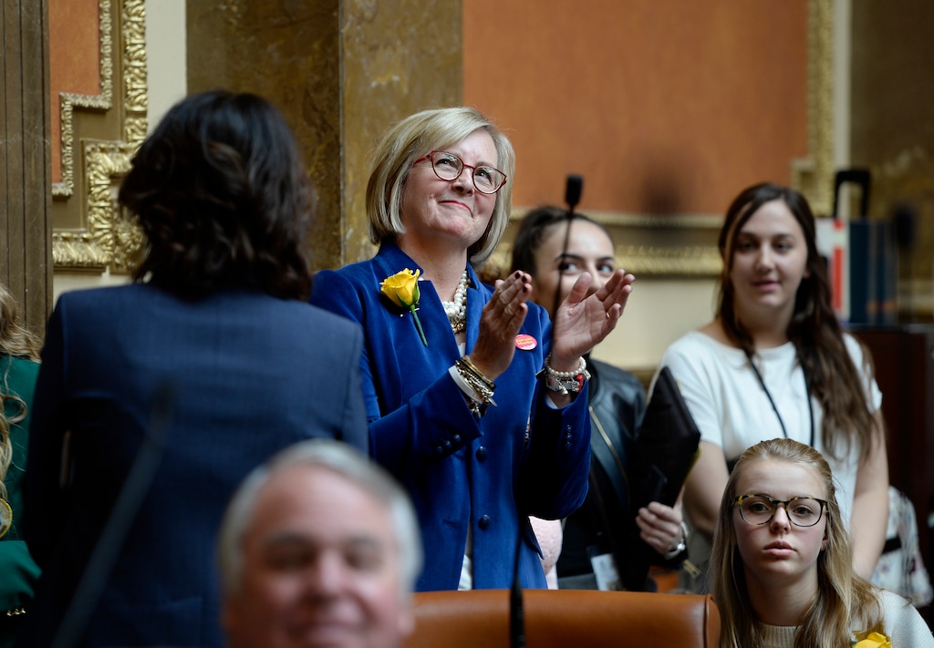 (Scott Sommerdorf | The Salt Lake Tribune) Rep. Rebecca Edwards, R-North Salt Lake, applauds after her resolution, SCR001, was passed on the House floor, Wednesday, February, 14, 2018. Edwards also sponsored HCR7, acknowledging “the impacts of a changing climate” on Utahns, which was passed favorably on Feb. 15, 2018, by the Utah Legislature’s House Committee on Natural Resources, Agriculture and Environment and signed by Gov. Gary Herbert on May 16.