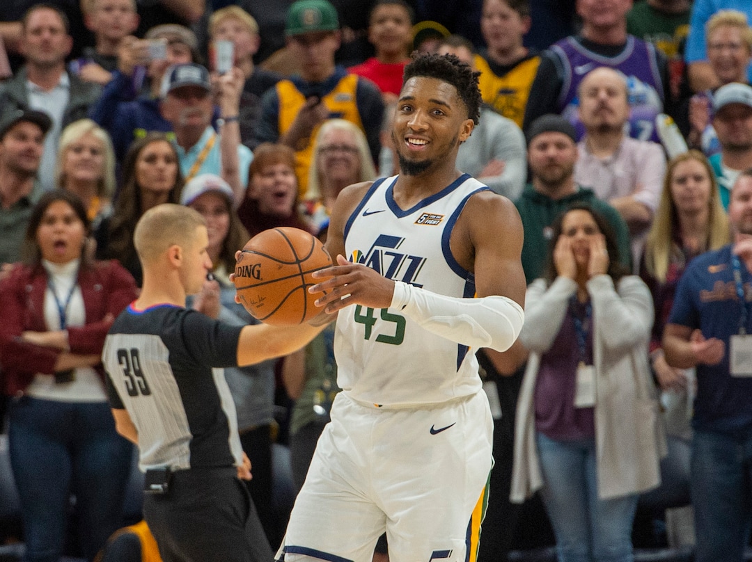 (Rick Egan  |  The Salt Lake Tribune)        Utah Jazz guard Donovan Mitchell (45) smiles after being found in the final seconds of the game as the Jazz, defeat the Nets, in NBA basketball action between the Utah Jazz and the Brooklyn Nets in Salt Lake City, Tuesday, Nov 12, 2019.