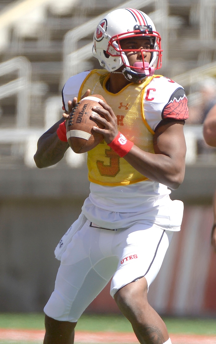 Leah Hogsten  |  The Salt Lake Tribune 
Quarterback Troy Williams looks for the pass. The University of Utah Utes were back in action  during the 16th-annual Red-White football game on Saturday, April 15, 2017 at  Rice-Eccles Stadium.