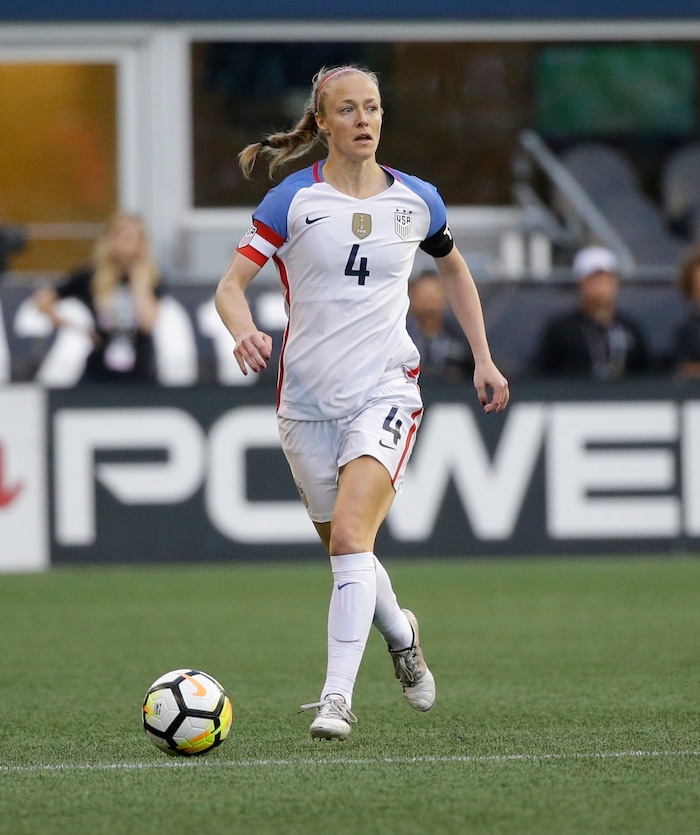 United States defender Becky Sauerbrunn moves the ball during a Tournament of Nations women's soccer match against Australia, Thursday, July 27, 2017, in Seattle. (AP Photo/Ted S. Warren)