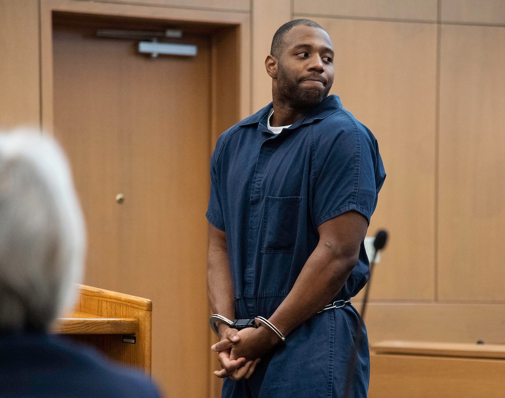 (Chantelle McCall | The Utah Statesman) Torrey Green looks back at his family after receiving a 26-year-to-life prison sentence.  Green was found guilty of eight charges, including five counts of rape and a charge sexual battery in connection to reports from six women accusing him of sexual assault while he was a football player at Utah State University, Wednesday, Mar. 27, 2019 in Brigham City, Utah.