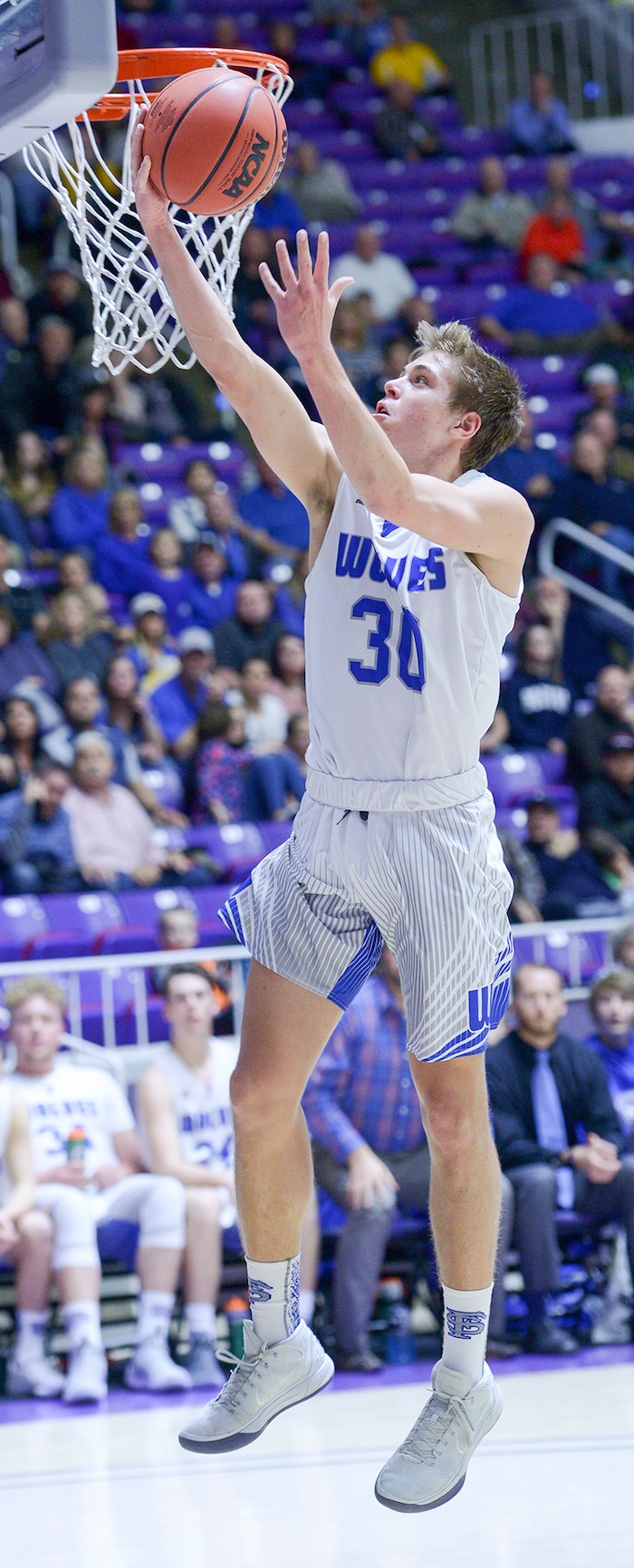 (Leah Hogsten  |  The Salt Lake Tribune) Fremont's Dallin Hall (30) had 16 points and 5 rebounds. Fremont defeated Hillcrest 62-52 in the 6A High School Boys' Basketball Tournament opening game at Weber State University’s Dee Events Center in Ogden, Tuesday, Feb. 27, 2018. 