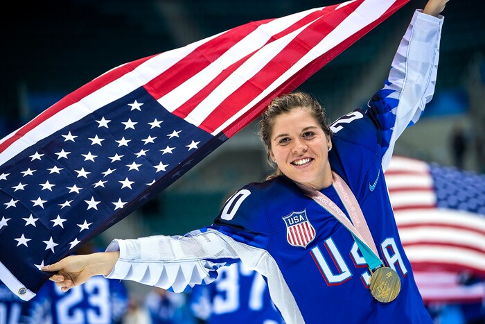 (Chris Detrick  |  The Salt Lake Tribune) United States forward Hannah Brandt (20) celebrates after winning the Women's Gold Medal Game at Gangneung Hockey Centre during the Pyeongchang 2018 Winter Olympics Thursday, Feb. 22, 2018. United States defeated Canada 3-2 in a shootout victory. 
