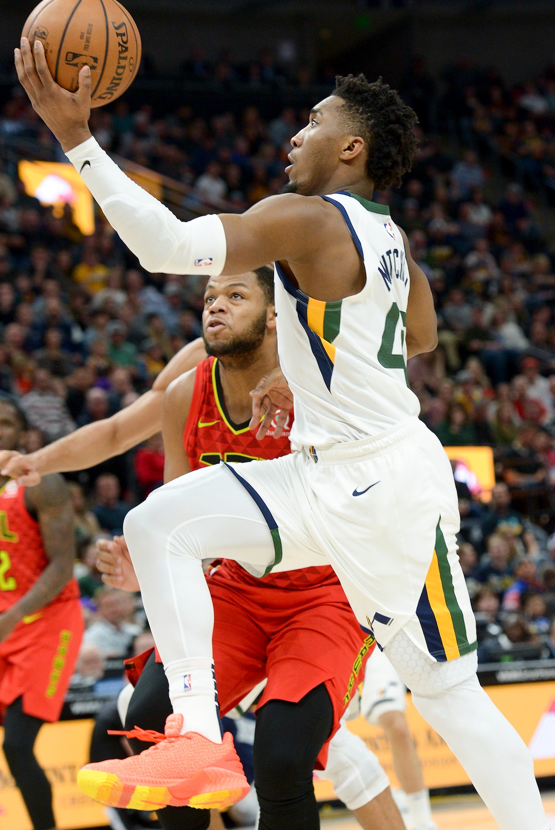 Leah Hogsten  |  The Salt Lake Tribune  Utah Jazz guard Donovan Mitchell (45) drives to the net as the Utah Jazz take on the Atlanta Hawks, Feb. 1, 2019 at Vivint Smart Home Arena. 