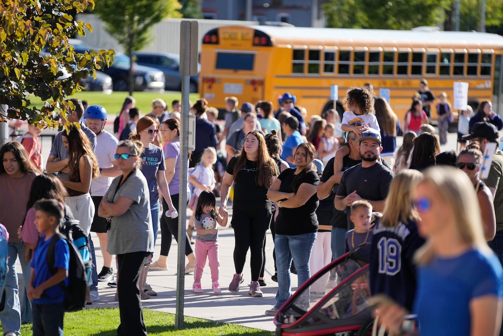 (Francisco Kjolseth | The Salt Lake Tribune) Students and staff at Centennial Elementary School, part of the Alpine School District, on the first day of school this August. Next fall, the Alpine district will split into three, and Centennial will become part of the new Timpanogos School District.