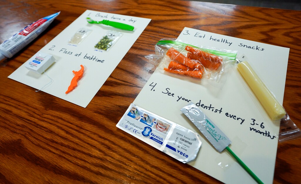 (Chris Samuels | The Salt Lake Tribune) Dental hygiene tips on display at the Department of Health and Human Services building in Salt Lake City, Friday, May 2, 2025, at a news conference on how residents can supplement fluoride use as HB 81, which outlaws adding fluoride in drinking water, comes into effect.