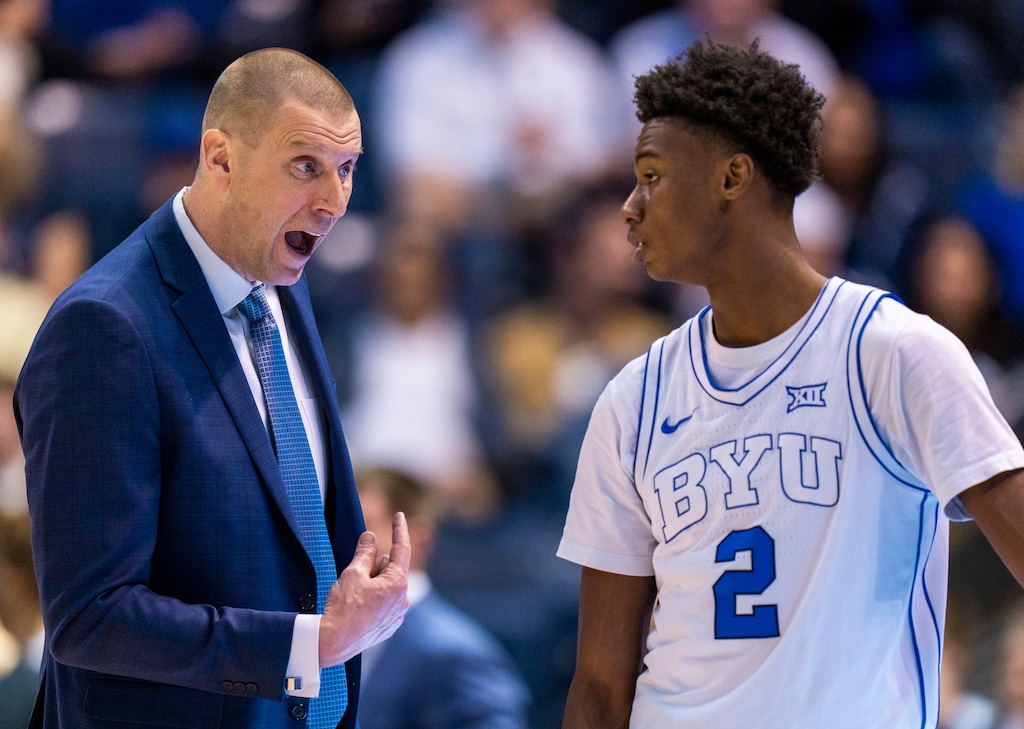 (Rick Egan | The Salt Lake Tribune) Brigham Young Cougars head coach Mark Pope has a chat with Brigham Young Cougars guard Jaxson Robinson (2), in basketball action between the Brigham Young Cougars and the Kansas State Wildcats, at the Marriott Center, on Saturday, Feb. 10, 2024.